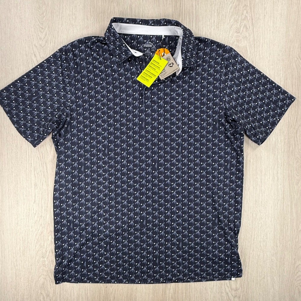 Puma Golf Mens Palm Tree Polka Dot Performance Polo Shirt Navy Blue‎ 821549-03 L